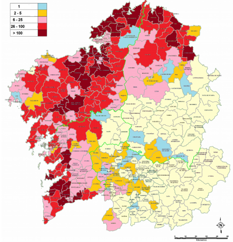 Figure 3c, Map of Galicia Northern Spain, showing where Vespa velutina was detected in 2016