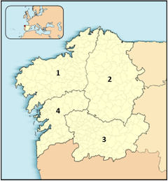 Figure 5. Map of Europe where Galicia is highlighted, with their Provinces of: A Coruña (1), Lugo (2), Ourense (3) and Pontevedra (4).